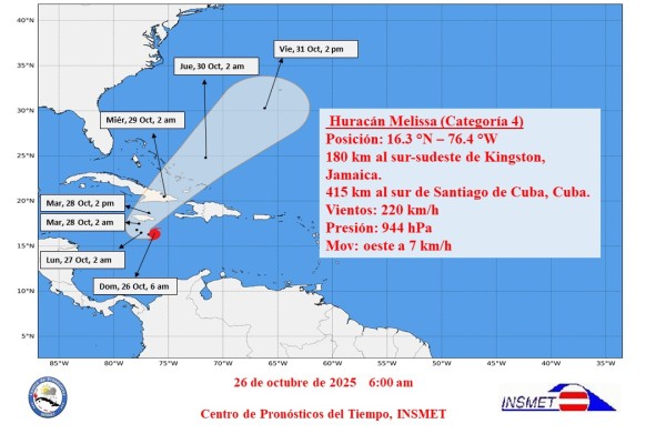 AVISO DE CICLÓN TROPICAL No. 12: Melissa experimenta una rápida intensificación al sudeste de Jamaica